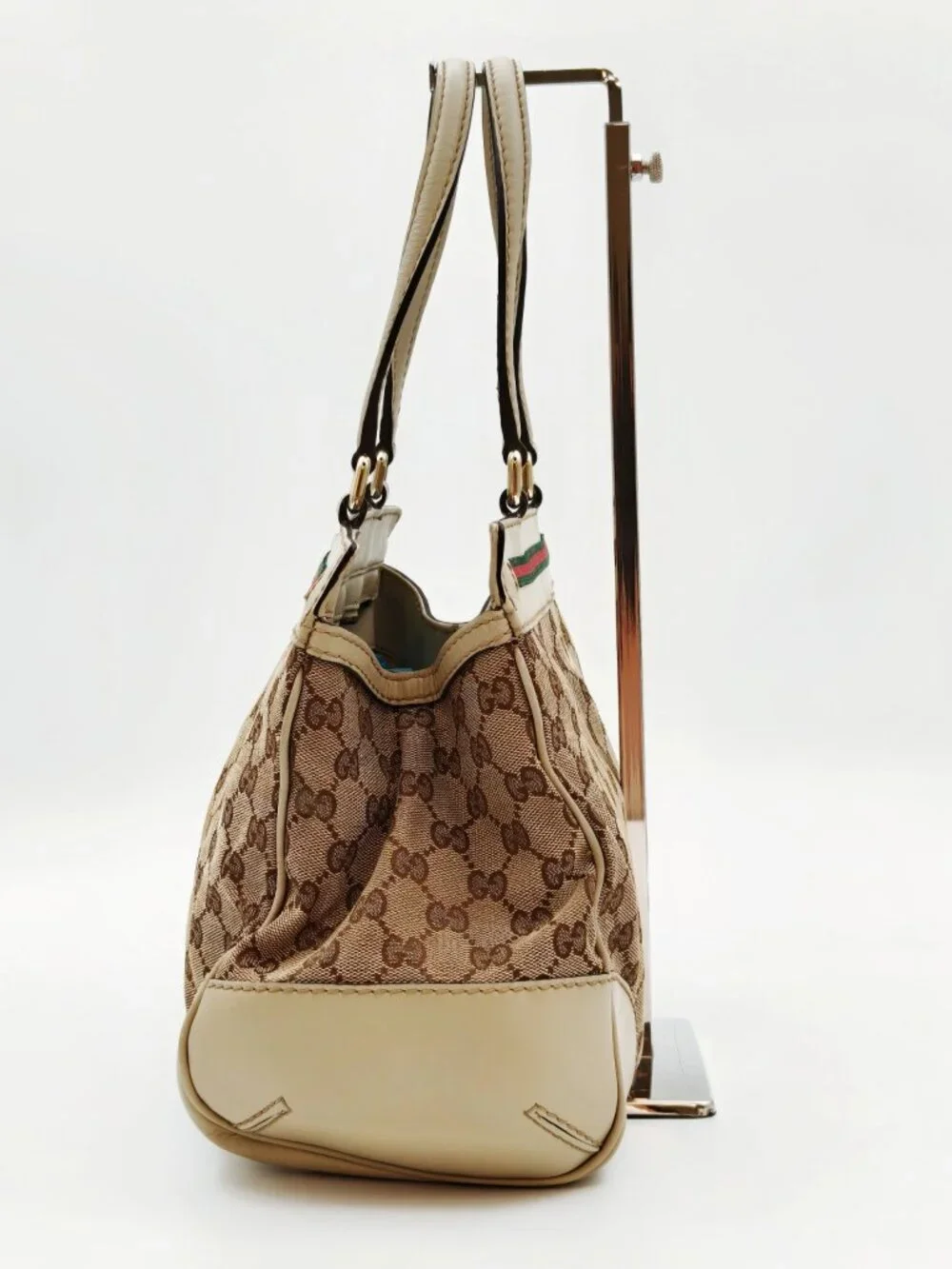 Gucci GG Canvas Web Bow Tote Bag Beige Ivory Leather Handbag Italy